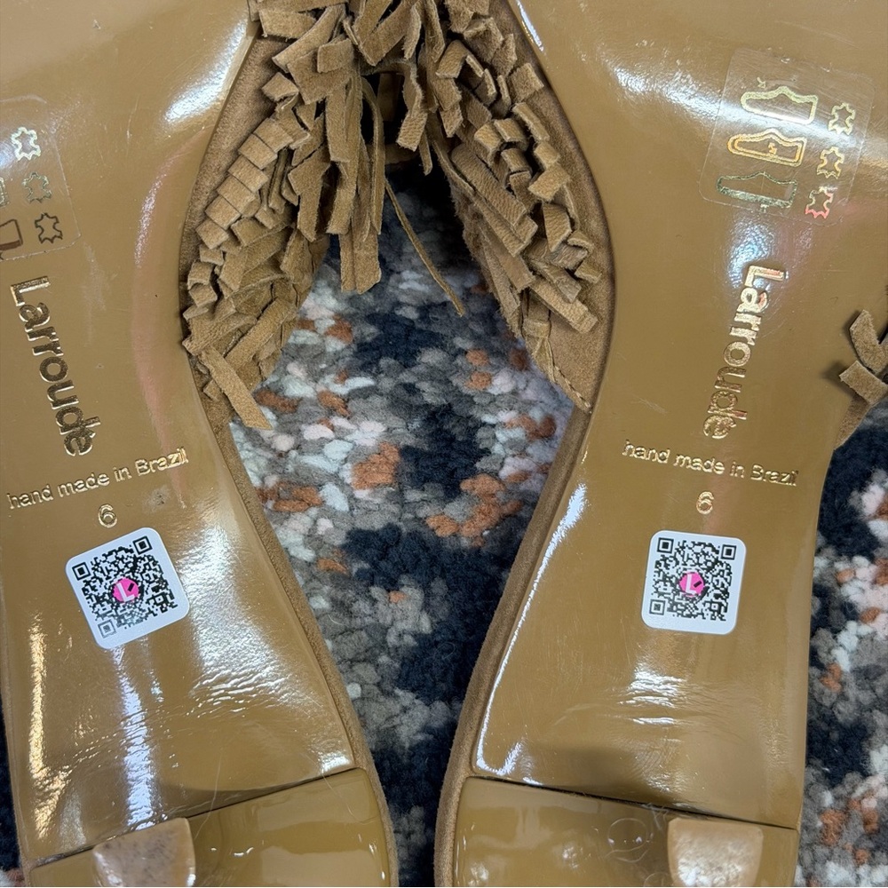 Larroude Tan Suede Fringed Kitten Heel Mule - Picture 15 of 16